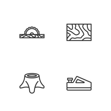 Hat ahşap uçak aleti, ağaç kütüğü, elektrikli daire testere ve tahta kiriş ikonu. Vektör