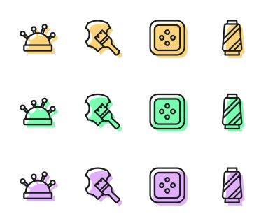 Giysiler için çizgi dikiş düğmesi, iğne ve iğneler, deri ve iplik makarası simgesi. Vektör