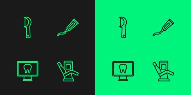 Dişçi koltuğunu, çevrimiçi bakımı, diş ipi ve diş macunu ikonu tüpünü ayarla. Vektör