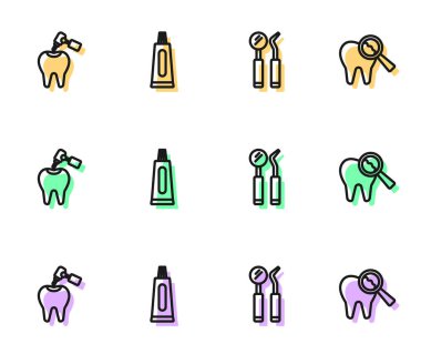 Dişçi aynası ve prob, dişçi matkaplı diş, diş macunu tüpü ve kırık ikon yerleştirin. Vektör