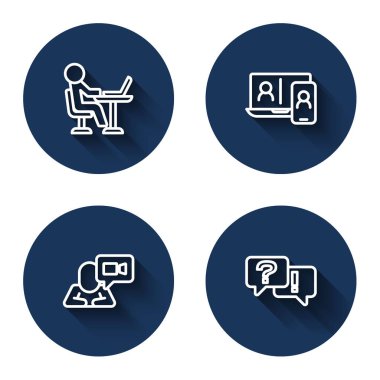 Serbest Çalışan, Görüntülü Sohbet Konferansı ve Sorular ve Cevaplar 'ı uzun gölgelerle ayarla. Mavi daire düğmesi. Vektör