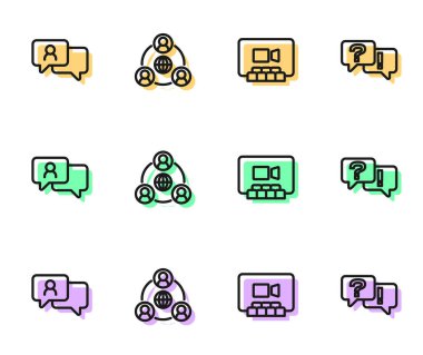 Çevrimiçi görüntülü sohbet konferansı, Konuşma balonu, Buluşma ve Sorular ve Yanıt simgesi ayarlayın. Vektör