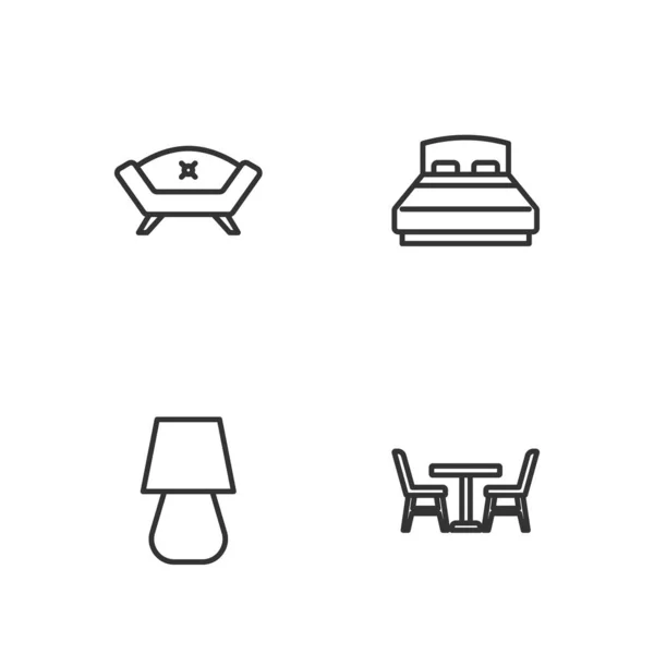 设置有椅子、灯、沙发和大床图标的线桌.B.病媒 — 图库矢量图片