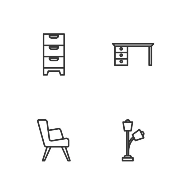设置线落地灯,扶手椅,抽屉的胸和写字台图标.B.病媒 — 图库矢量图片