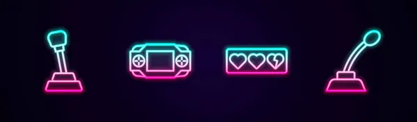 Set line Schalthebel, tragbare Videospielkonsole, Game Life Bar und Mikrofon. Leuchtende Leuchtschrift. Vektor — Stockvektor