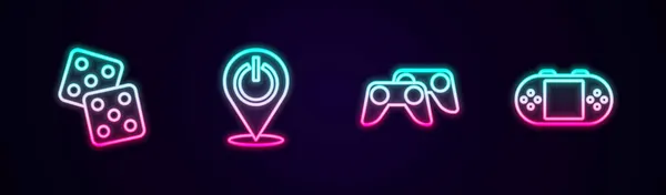 Establecer línea Juego de dados, Botón de encendido, controlador o joystick y consola de videojuegos portátil. Icono de neón brillante. Vector — Vector de stock