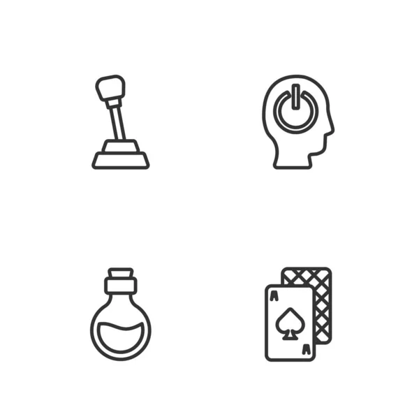 Set line Hrací karty, Láhev s magickým elixírem, Převodník a Power ikona tlačítka. Vektor — Stockový vektor