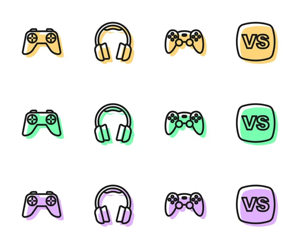 Establecer línea Juego controlador o joystick, Auriculares y VS Versus icono de batalla. Vector — Vector de stock