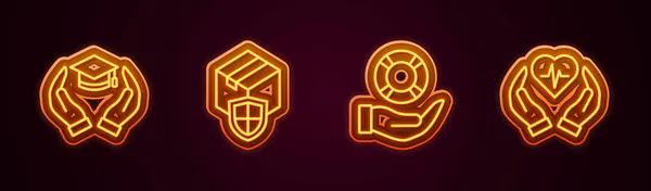 Set line Education grant, Delivery security with shield, Lifebuoy in hand and insurance. Glowing neon icon. Vector — Stock Vector