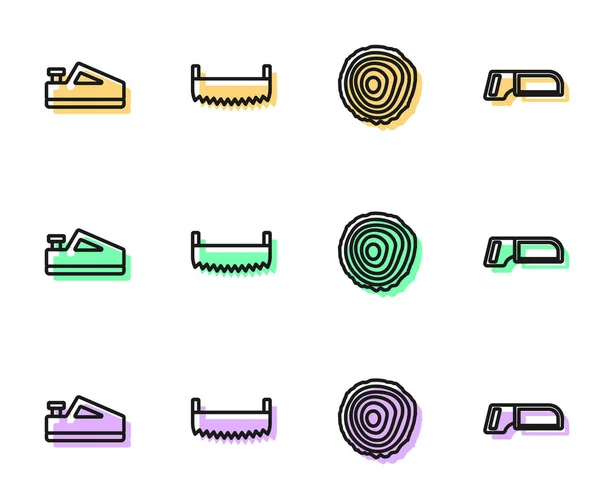 Set line Tree rings, Wood plane tool, Two-hand saw and Hacksaw icon. Vektor — Stockový vektor