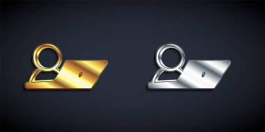 Altın ve gümüş görüntülü sohbet konferansı ikonu siyah arkaplanda izole edildi. Çevrimiçi iş görüşmesi formu. Uzak proje yönetimi. Uzun gölge tarzı. Vektör