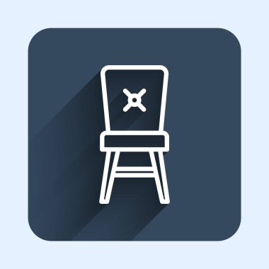 Beyaz çizgi sandalye simgesi uzun gölge arkaplanı ile izole edildi. Mavi kare düğme. Vektör