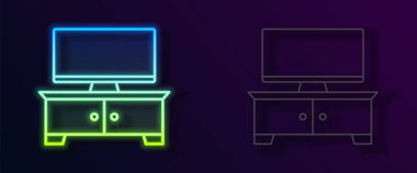 Parlayan neon hat TV masası simgesi siyah arkaplanda izole edildi. Vektör