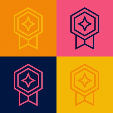 Renkli arka planda izole edilmiş madalya ikonu ile Pop Art Line Game derecesi. Oyun için seviye sonuçları. Vektör