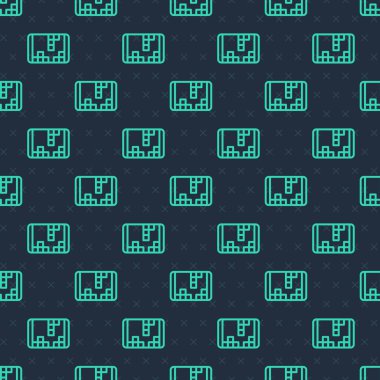 Yeşil çizgi taşınabilir video oyun konsolu simgesi mavi arkaplanda izole edilmiş kusursuz desen. El bilgisayarı oyun konsolu. Vektör