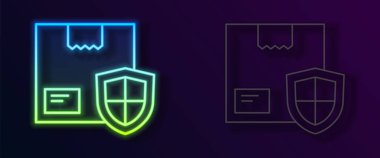 Parlayan neon hattı. Siyah zemin üzerinde kalkan simgesi olan teslimat güvenliği. Teslimat sigortası. Kalkanın ötesinde sigorta kutuları var. Vektör