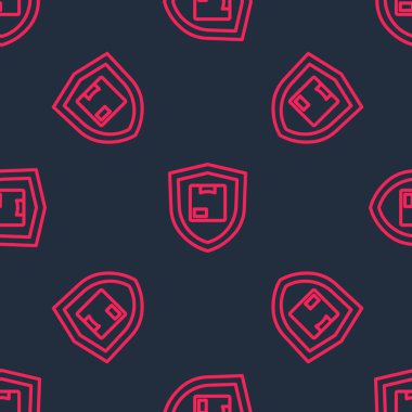 Kalkan simgesi ile kırmızı hat teslimat güvenliği siyah arka planda izole edilmiş. Teslimat sigortası. Kalkanın ötesinde sigorta kutuları var. Vektör