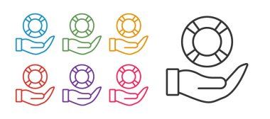 Hat Lifebuoy 'u beyaz arkaplanda izole edilmiş bir simgeye ayarla. Can simidi sembolü. Simgeleri renklendirin. Vektör