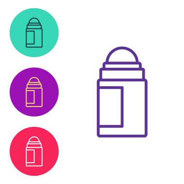 Beyaz arkaplanda bulunan terleme önleyici deodorant rulo simgesini ayarlayın. Vücut hijyeni için kozmetik. Simgeleri renklendirin. Vektör