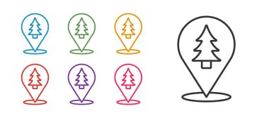 Ormanın yerini beyaz arkaplanda izole edilmiş bir harita simgesine ayarla. Simgeleri renklendirin. Vektör