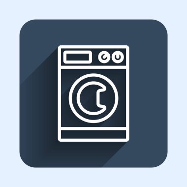 Beyaz çizgi yıkama simgesi uzun gölge arkaplan izole. Çamaşır makinesi simgesi. Çamaşır makinesi, çamaşır makinesi. Ev aletleri sembolü. Mavi kare düğme. Vektör