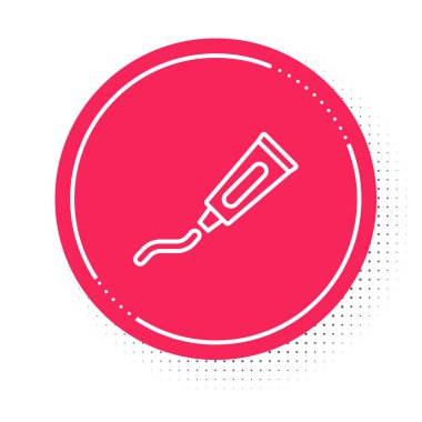 Beyaz arkaplanda beyaz çizgi halinde diş macunu simgesi izole edildi. Kırmızı daire düğmesi. Vektör