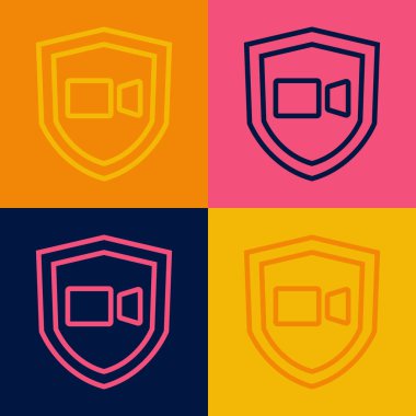 Pop Art Line görüntülü sohbet konferansı ikonu renk arkaplanında izole edildi. Çevrimiçi iş görüşmesi formu. Uzak proje yönetimi. Vektör