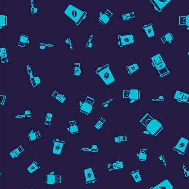 Kahve filtresi tutacağı, elektrikli kahve öğütücü, paket kahve fincanı ve kettle 'ın kusursuz desenleri. Vektör