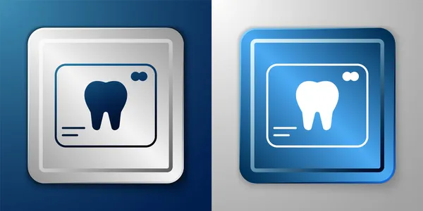 Weißes Röntgenbild des Zahnsymbols isoliert auf blauem und grauem Hintergrund. Zahnröntgen. Bild der Radiologie. Silberne und blaue quadratische Taste. Vektor — Stockvektor