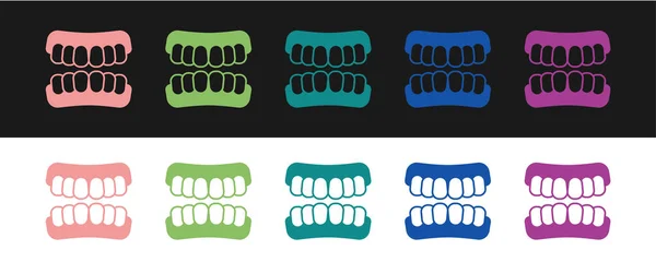 Встановити піктограму моделі зубних протезів ізольовано на чорно-білому тлі. Зуби верхньої щелепи. Стоматологічна концепція. Векторні — стоковий вектор