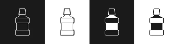 Установите иконку пластиковой бутылки Mouthwash изолированы на черно-белом фоне. Жидкость для полоскания рта. Оборудование для орального ухода. Вектор — стоковый вектор