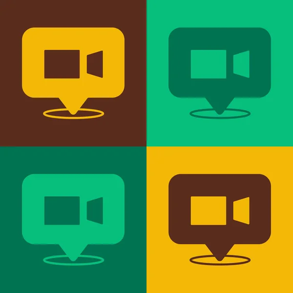 Pop Art Video Chat Konferenz Ikone isoliert auf farbigem Hintergrund. Online-Meeting-Arbeit von zu Hause aus. Ferngesteuertes Projektmanagement. Vektor — Stockvektor