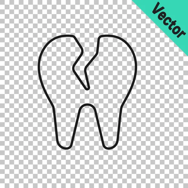 Schwarze Linie Gebrochenes Zahnsymbol isoliert auf transparentem Hintergrund. Zahnproblem-Ikone. Zahnpflege-Symbol. Vektor — Stockvektor
