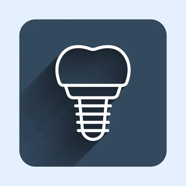 Línea blanca Icono de implante dental aislado con fondo de sombra largo. Botón cuadrado azul. Vector — Archivo Imágenes Vectoriales