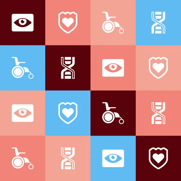 Set pop art Efecto de ojo rojo, Sistema inmunológico, Silla de ruedas para personas con discapacidad e icono de símbolo de ADN. Vector — Archivo Imágenes Vectoriales
