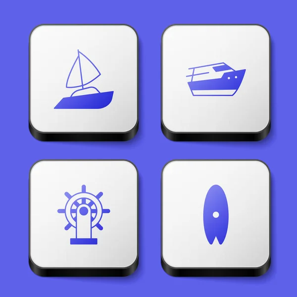 Set Velero de yate, Lancha rápida, Volante del barco e icono de la tabla de surf. Botón cuadrado blanco. Vector — Vector de stock