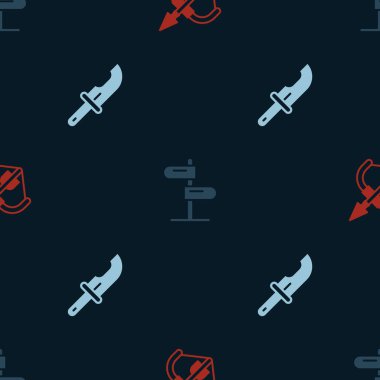 Ortaçağ yayı ve oku, trafik işaretini ve avcı bıçağını kusursuz desene ayarlayın. Vektör