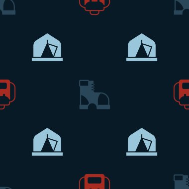 Yürüyüş sırt çantası, avcı botları ve turist çadırını kusursuz bir şekilde ayarlayın. Vektör