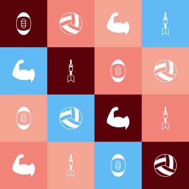 Popüler Amerikan Futbolu, Voleybol, vücut geliştirici, kaslarını ve Dart ok ikonunu gösteriyor. Vektör