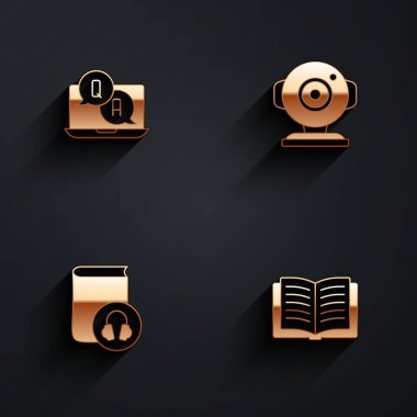 Soru ve Yanıtı Ayarla, Web kamerası, Ses Kitabı ve Uzun Gölgeli Açık simgesi. Vektör