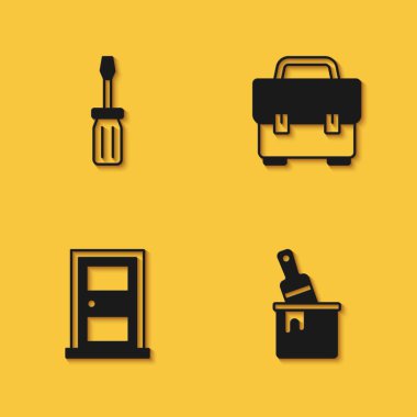 Tornavida, fırçalı boya kovası, kapalı kapı ve uzun gölgeli alet kutusu simgesi. Vektör