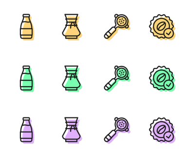 Çizgi kahve filtresi, süt şişesi kahve makinesinin üzerine dök ve ikon için madalya kazan. Vektör