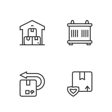 Hat teslimat güvenliğini kalkan, karton kutu, depo ve konteynır ikonu ile ayarlayın. Vektör