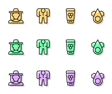 Ballı kozmetik tüpü, arıcı koruyucu şapka, kostüm ve bal peteği ikonu. Vektör