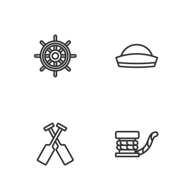 Halatla deniz kordonunu, çapraz kürekleri, kürekleri, tekneyi, direksiyonu ve denizci şapkası ikonunu ayarlayın. Vektör