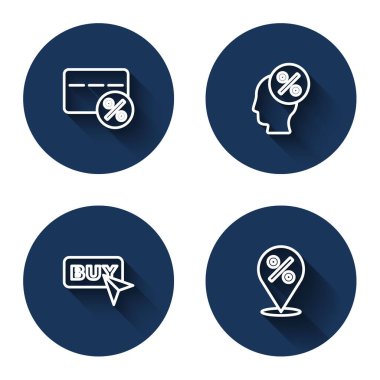 Satır İndirim kartını yüzde, etiket, Satın alma düğmesi ve uzun gölgeli konum ile ayarla. Mavi daire düğmesi. Vektör