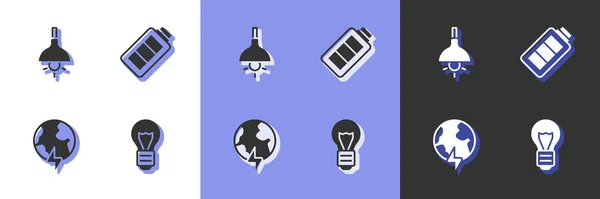 Set Idea de luz de lámpara creativa, colgante de lámpara, planeta global con rayo e icono de carga de batería. Vector — Archivo Imágenes Vectoriales