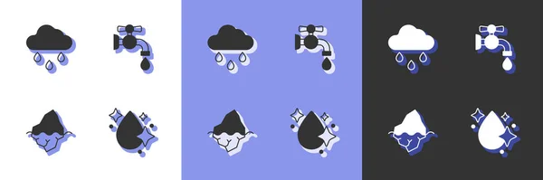 Set Water drop, Cloud with rain, Iceberg and tap icon. Vector — Stock Vector