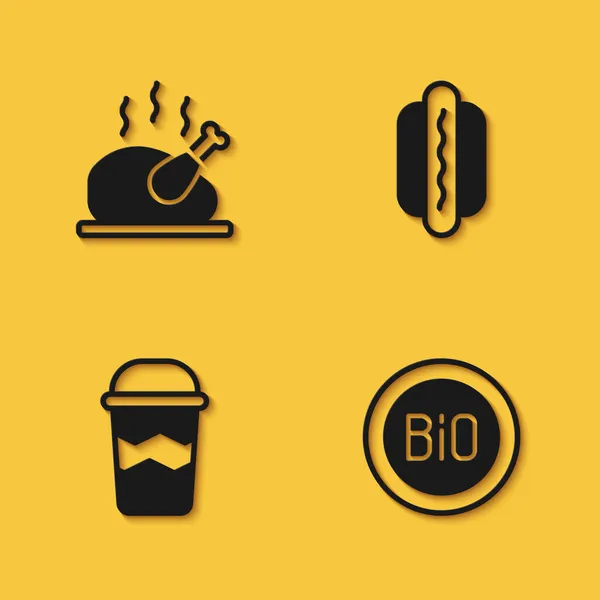 Conjunto de pavo asado o pollo, Banner para bio, taza de café para llevar y Hotdog icono con sombra larga. Vector — Vector de stock