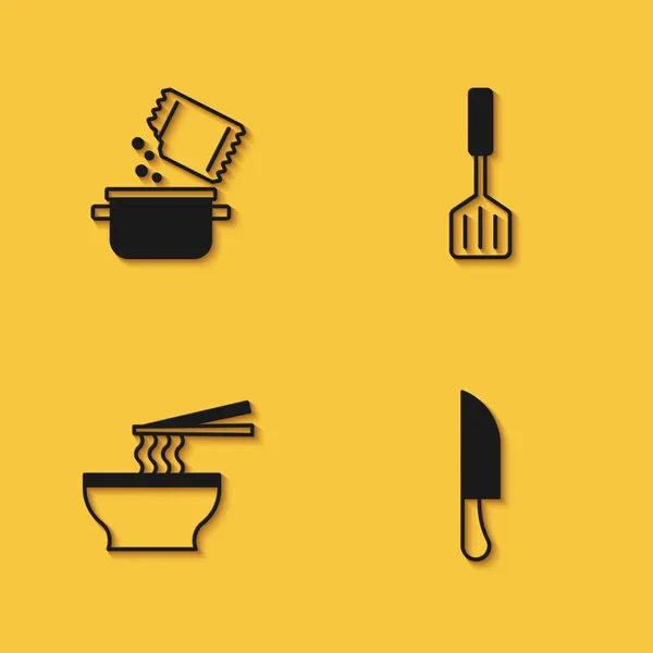 Set olla de cocina y especias, cuchillo, tazón de fideos asiáticos y espátula icono con sombra larga. Vector — Vector de stock